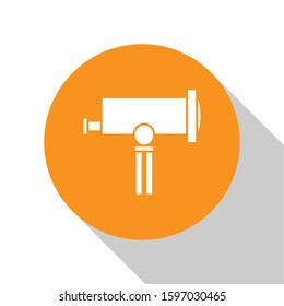 White Telescope icon isolated on white background. Scientific tool. Education and astronomy element, spyglass and study stars. Orange circle button. Vector Illustration
