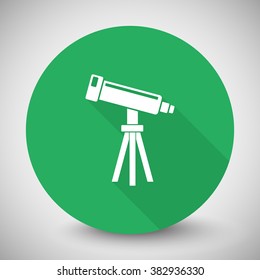 White Telescope icon with long shadow on green circle