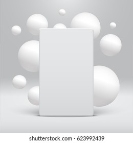 White template with white balls on grey background, vector illustration