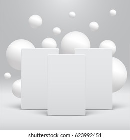 White template with white balls on grey background, vector illustration
