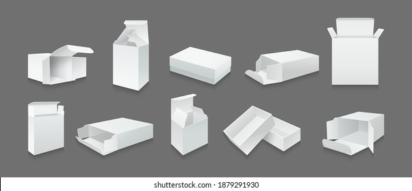 White template box mockup set. Product packaging gift boxes collection. Opened, closed paper package. Realistic white carton cardboard angle side and front view. Vector illustration