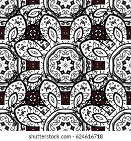 White template. Floral classic texture. Seamless pattern white elements. Design vintage for card, wallpaper, wrapping, textile. Vector illustration. Royal retro on brown background.