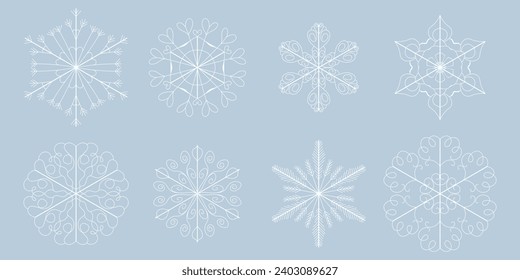 White template snowflake. Isolated snowflakes icon, round mandala. Winter Holiday cartoon flat illustration. Merry Christmas and New year Vector. Hand draw style.