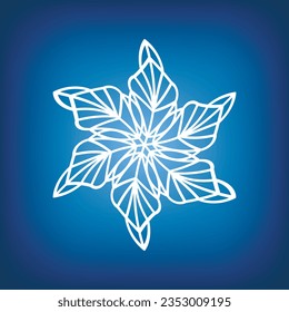 Volante de nieve de plantilla blanca sobre fondo azul. Icono de copos de nieve aislados.  Forma de papel vacía. Dibujo plano de la caricatura de invierno. Patrón hexagonal geométrico. Estilo de dibujo a mano.