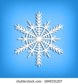 White template snowflake with shadow on blue background. Isolated snowflakes icon.  Empty paper shape. Winter cartoon flat illustration. Geometric hexagonal pattern. Hand draw style.