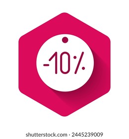 White Ten discount percent tag icon isolated with long shadow. Shopping tag sign. Special offer sign. Discount coupons symbol. Pink hexagon button. Vector Illustration