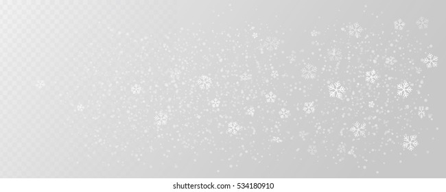 White tender snowflakes, snow falling over wide transparent background, vector illustration.