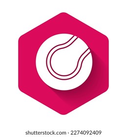 White Tennis ball icon isolated with long shadow background. Sport equipment. Pink hexagon button. Vector