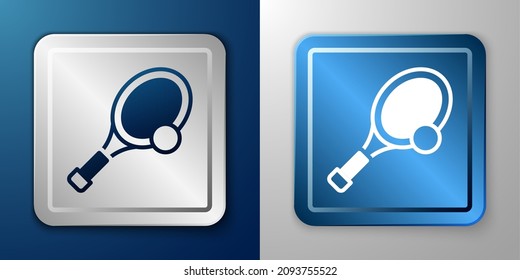 White Tennis racket with ball icon isolated on blue and grey background. Sport equipment. Silver and blue square button. Vector