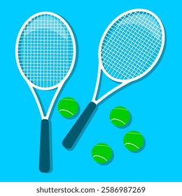 white tennis rackets and balls, isolated blue background, vector 