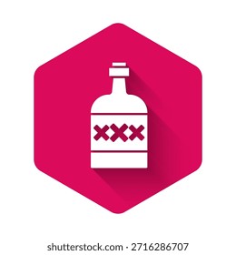 White Tequila bottle icon isolated with long shadow background. Mexican alcohol drink. Pink hexagon button. Vector