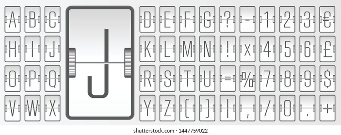 White terminal mechanical score board font to display timetable vector illustration. Airport flip board alphabet for showing flight departure or arrival information.
