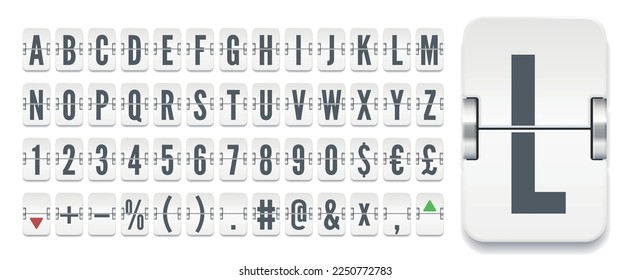 White terminal mechanical scoreboard font with numbers to display stock exchange rates vector illustration. Airport flip board bold alphabet for showing flight departure or finance information.