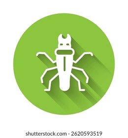 White Termite icon isolated with long shadow. Green circle button. Vector