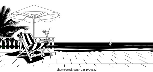 White terrace with balustrade, umbrella, beach chair and against the sea panorama view. Linear comic black and white stylized drawing. Vector illustration