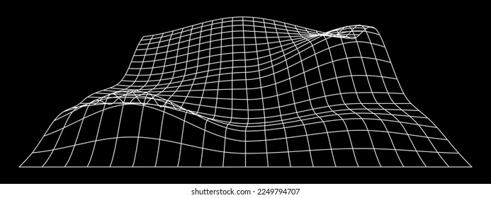 White terrain wireframe on black background. Relief meshed structure. Grid perspective deformation. Distorted lattice surface. Vector graphic illustration.