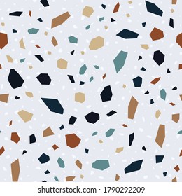 Patrón transparente del vector de mosaico Terrazzo blanco. Patrón moderno de la pared de Terrazzo. Pancarta de granito azul y blanco.