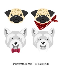 Weiße Terrier und Pug. Vektorfröhlicher Hund. Der Kopf eines Haustiers vor sich.
