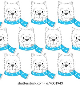 White terrier wearing a blue scarf seamless pattern vector.