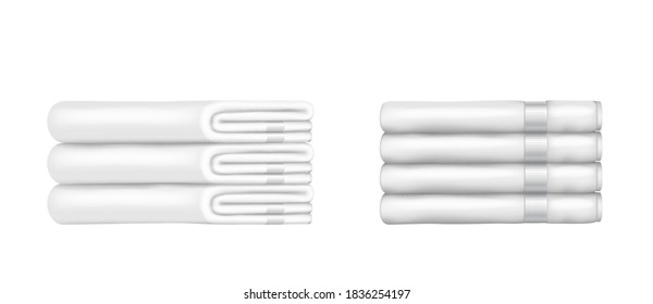 White terry towels folded white and clean isolated on white background. Stack of towels for spa, bathroom, pool or hotel room. Realistic vector illustration