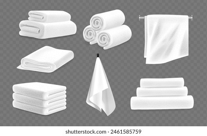 White Terry Towels, Including Rolled, Folded, And Hanging Types, Isolated On Transparent Background. Realistic 3d Vector