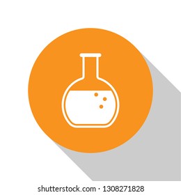 White Test tube and flask - chemical laboratory test icon isolated on white background. Orange circle button. Flat design. Vector Illustration