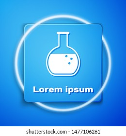 White Test tube and flask - chemical laboratory test icon isolated on blue background. Blue square button. Vector Illustration