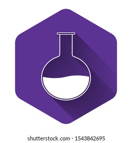 White Test tube and flask - chemical laboratory test icon isolated with long shadow. Laboratory glassware sign. Purple hexagon button. Vector Illustration