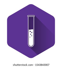 White Test tube and flask - chemical laboratory test icon isolated with long shadow. Purple hexagon button. Vector Illustration