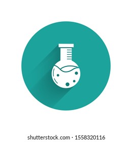 White Test tube and flask chemical laboratory test icon isolated with long shadow. Laboratory glassware sign. Green circle button. Vector Illustration