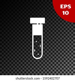 White Test tube and flask chemical laboratory test icon isolated on transparent dark background. Laboratory glassware sign.  Vector Illustration