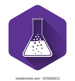 White Test tube and flask - chemical laboratory test icon isolated with long shadow. Purple hexagon button. Vector Illustration