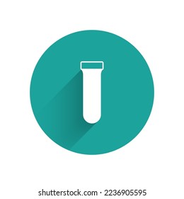 White Test tube and flask chemical laboratory test icon isolated with long shadow background. Laboratory glassware sign. Green circle button. Vector