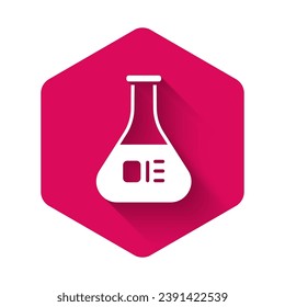 White Test tube and flask chemical laboratory test icon isolated with long shadow. Laboratory glassware sign. Pink hexagon button. Vector Illustration