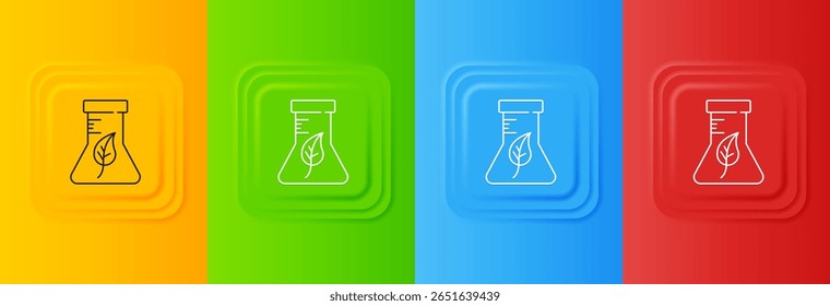 Tubo de ensaio branco e frasco ícone de ensaio de laboratório químico isolado em fundo colorido. Sinal de vidro de laboratório. Defina ícones em botões quadrados. Vetor