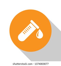 White Test tube or flask with drop of blood icon isolated on white background. Laboratory, chemical, scientific glassware sign. Orange circle button. Flat design. Vector Illustration