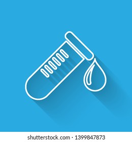White Test tube or flask with drop of blood line icon isolated with long shadow. Laboratory, chemical, scientific glassware sign. Vector Illustration