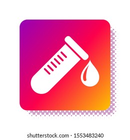 White Test tube or flask with drop of blood icon isolated on white background. Laboratory, chemical, scientific glassware sign. Square color button. Vector Illustration