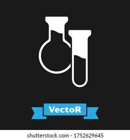 White Test tube and flask icon isolated on black background. Chemical laboratory test. Laboratory glassware.  Vector