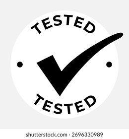 Sello redondo aislado probado blanco, etiqueta engomada, muestra con el icono de la marca de verificación en la Ilustración vectorial gris del fondo