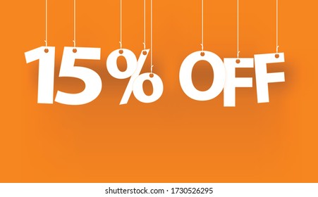 White text  15% OFF - word hanging on the ropes on orange background.  3d vector illustration.