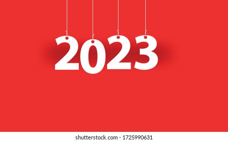 White text 2023 - word hanging on the ropes on red background.  3d vector illustration.