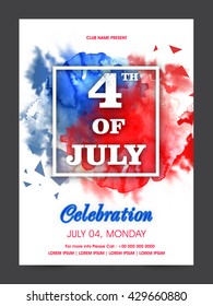 White Text 4th of July on abstract flag colors splash background, Creative Pamphlet, Banner, Flyer or Invitation for American Independence Day celebration.