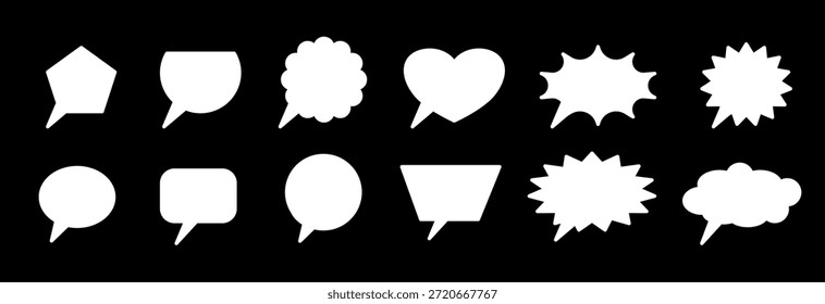 Ícones de caixa de texto branca em vários estilos, símbolos para gerar ideias, expressar diferentes perspectivas, responder perguntas e ilustrações.