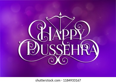 White text calligraphic inscription Happy Dussehra festival Indian with bow and arrow with a shadow on a purple blurred background. Vector illustration