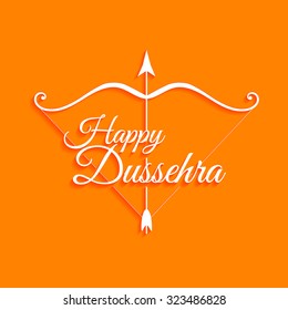 White text calligraphic inscription Happy Dussehra festival Indian with bow and arrow with shadow on orange background. Vector illustration