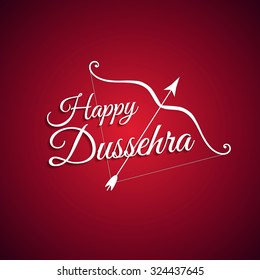 White text calligraphic inscription Happy Dussehra festival Indian with bow and arrow with a shadow on a red background. Vector illustration