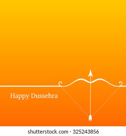 White text calligraphic inscription Happy Dussehra festival Indian with bow and arrow with shadow on orange background. Vector illustration