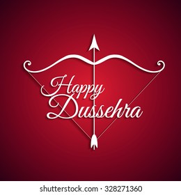 White text calligraphic inscription Happy Dussehra festival Indian with bow and arrow with a shadow on a red background. Vector illustration