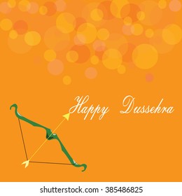 White text calligraphic inscription Happy Dussehra festival Indian with bow and arrow with shadow on orange background. Vector illustration